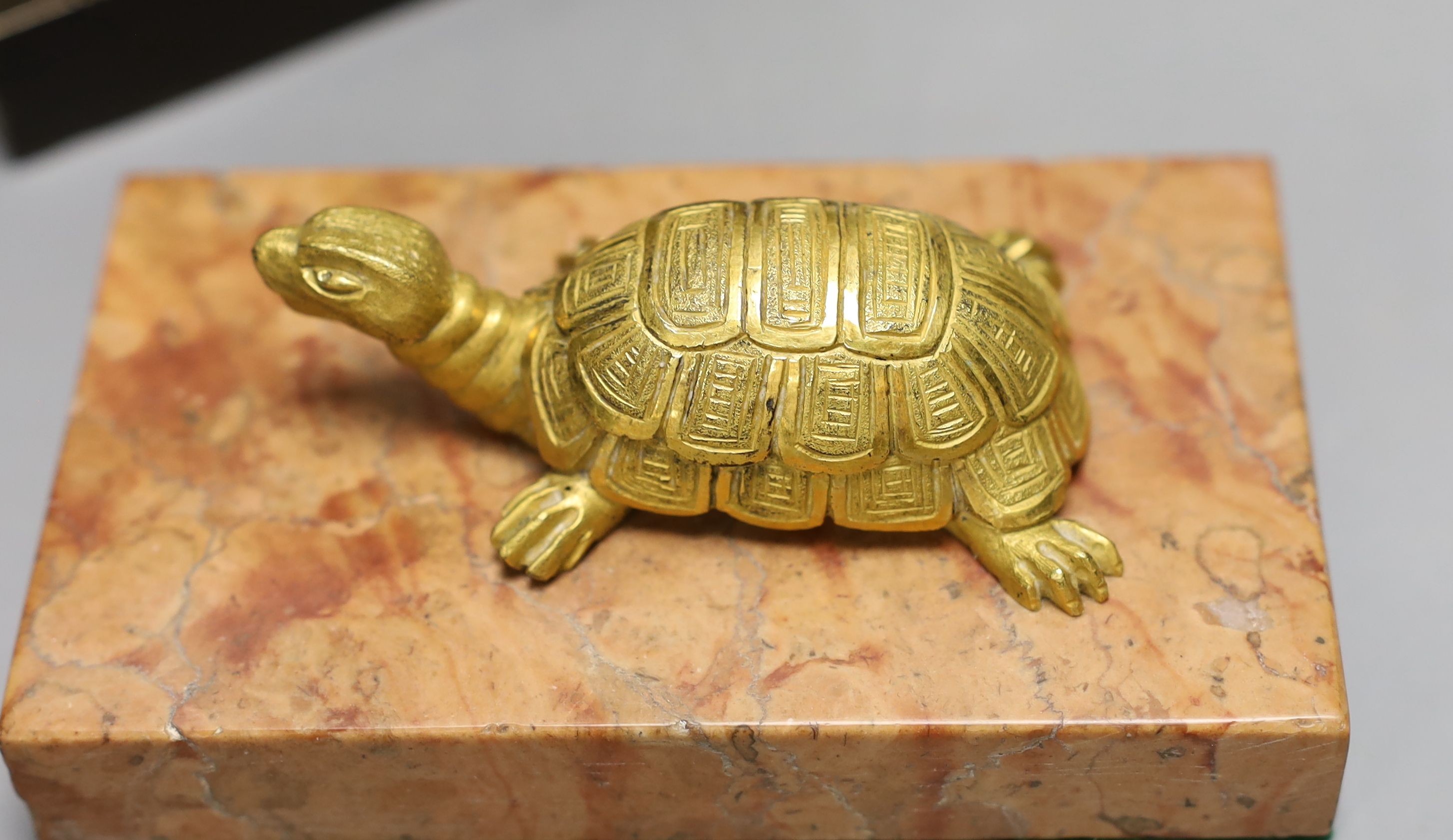 An Empire style ormolu inkstand and a similar gilt metal and marble tortoise paperweight 16cm